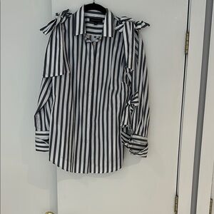 Black and White Striped Blouse with Bow Details